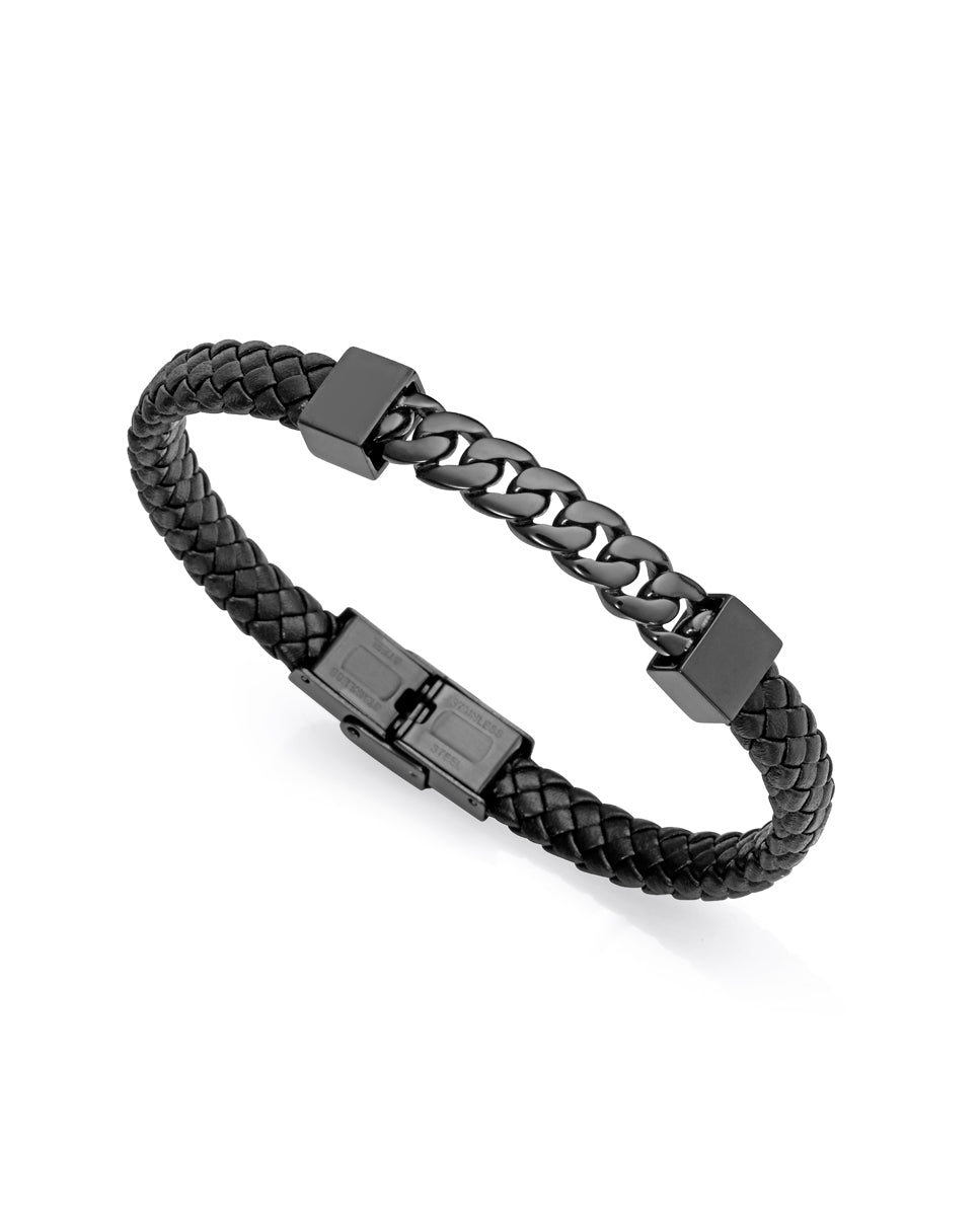 Pulsera Beat de acero Ip negra con piel negra