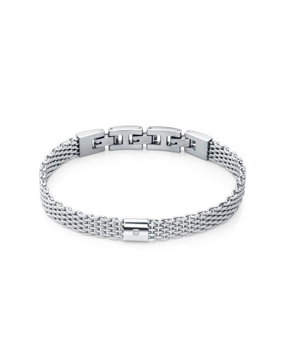 Pulsera de hombre de malla milanesa en acero con diamante de 001