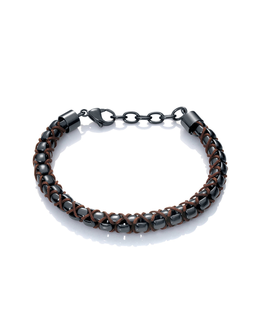 Pulsera Cadena Acero Y Cordón Marrón Sr Fsn