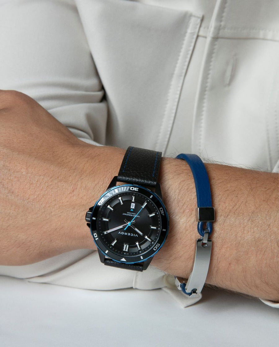 Steel Bracelet With Plaque Blue Leather: Length 2