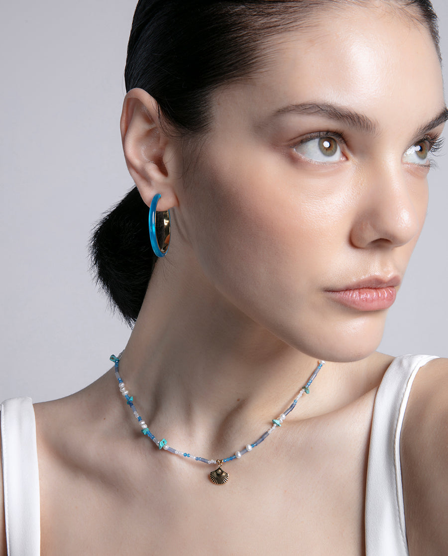 Steel Necklace Ip Gold Shell With Natural Stones