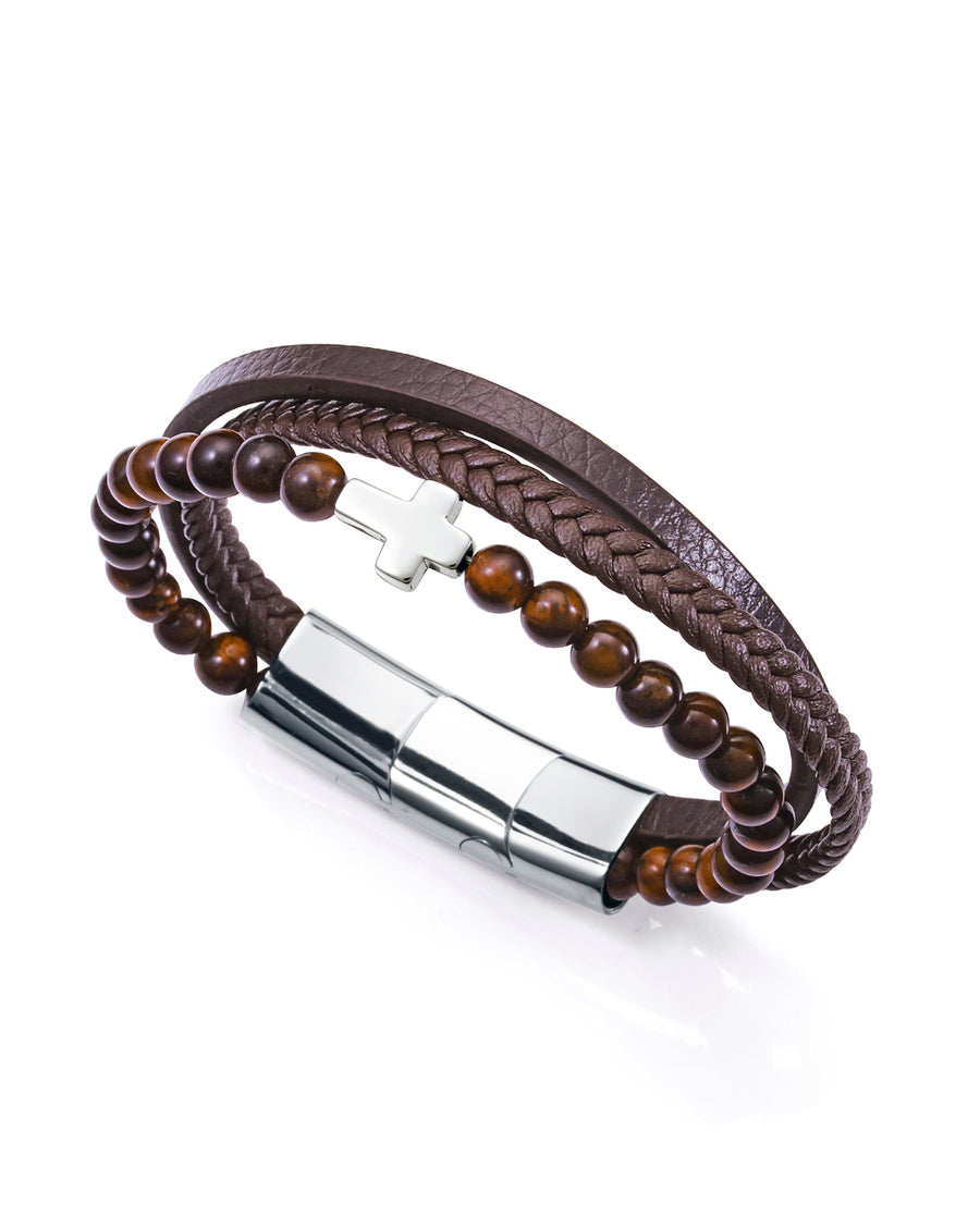 Pulsera para hombre en piel marrón con cruz de acero y piedras