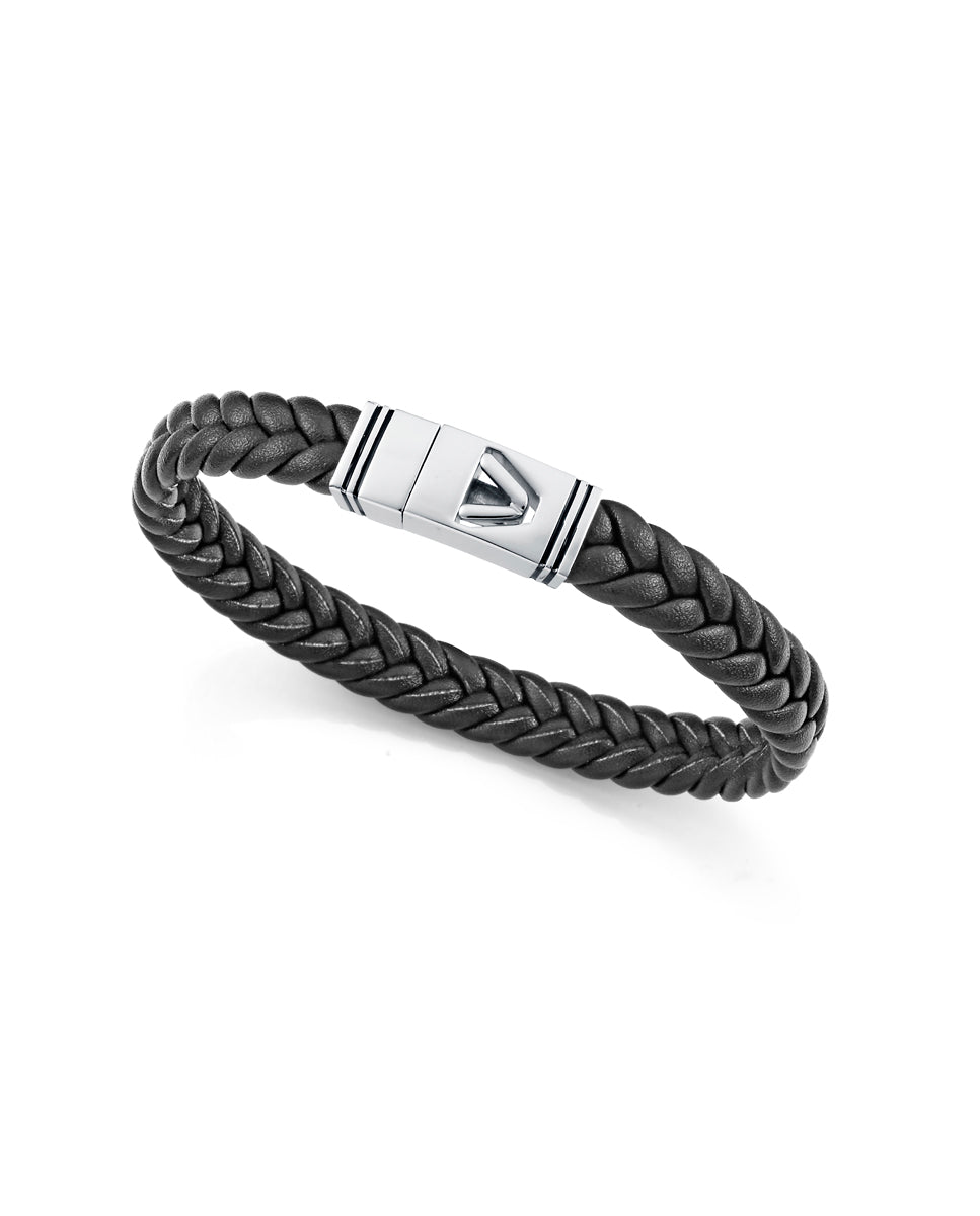 Men's steel and black leather bracelet with black enamel