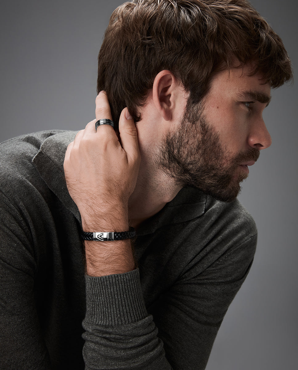 Men's steel and black leather bracelet with black enamel