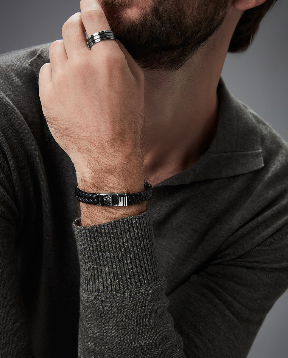 Men's steel and black leather bracelet with black enamel