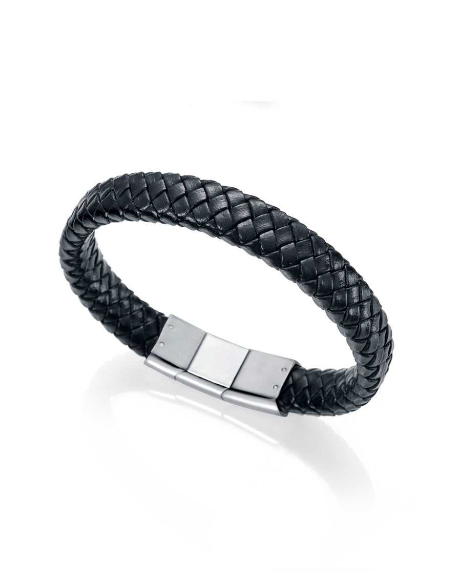 Pulsera Piel Negra Trenzada Y Acero Sr Fshion