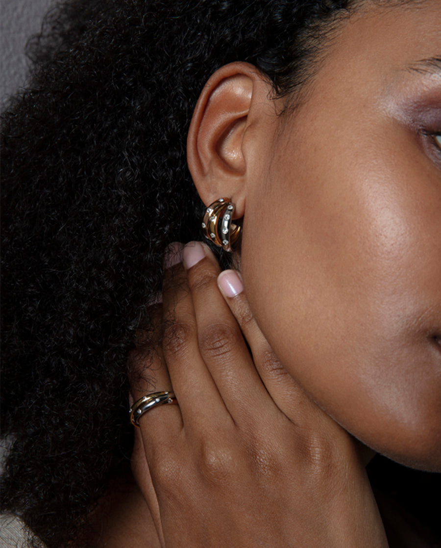 Steel Earrings 3 Tones With White Crystal: Diam 2