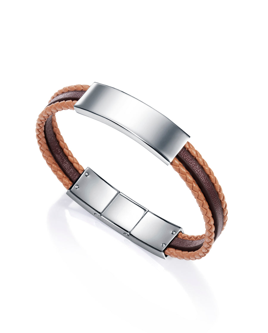 Pulsera Triple Piel Y Placa Acero Sr Fashion