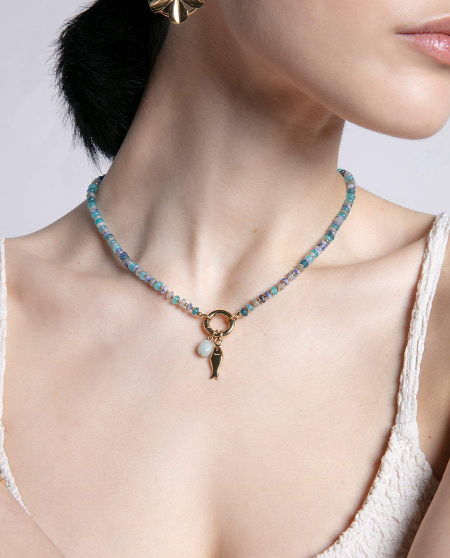 Steel Necklace In Ip Gold With Natural Stones: Le