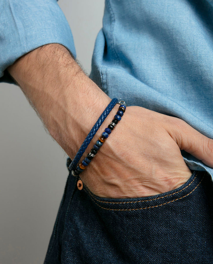 Steel Bracelet With Blue Leather: Length Min 21,5