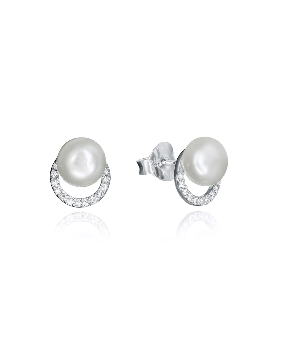 Boucles d'oreilles créoles en argent avec zircone et perle Sa J