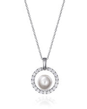 Sterling Silver Necklace Cz Disc + Pearl Pendant