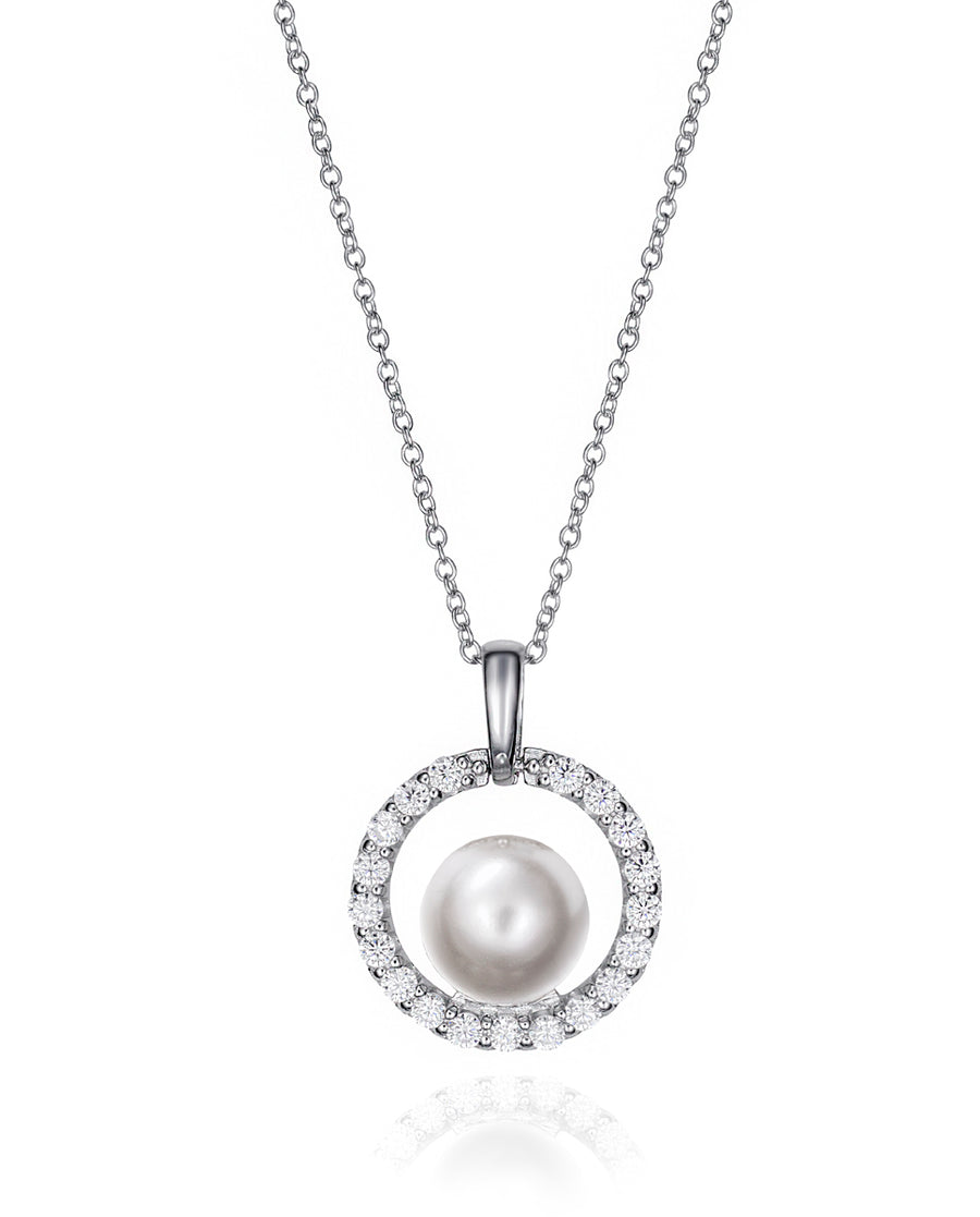 Sterling Silver Necklace Cz Disc + Pearl Pendant