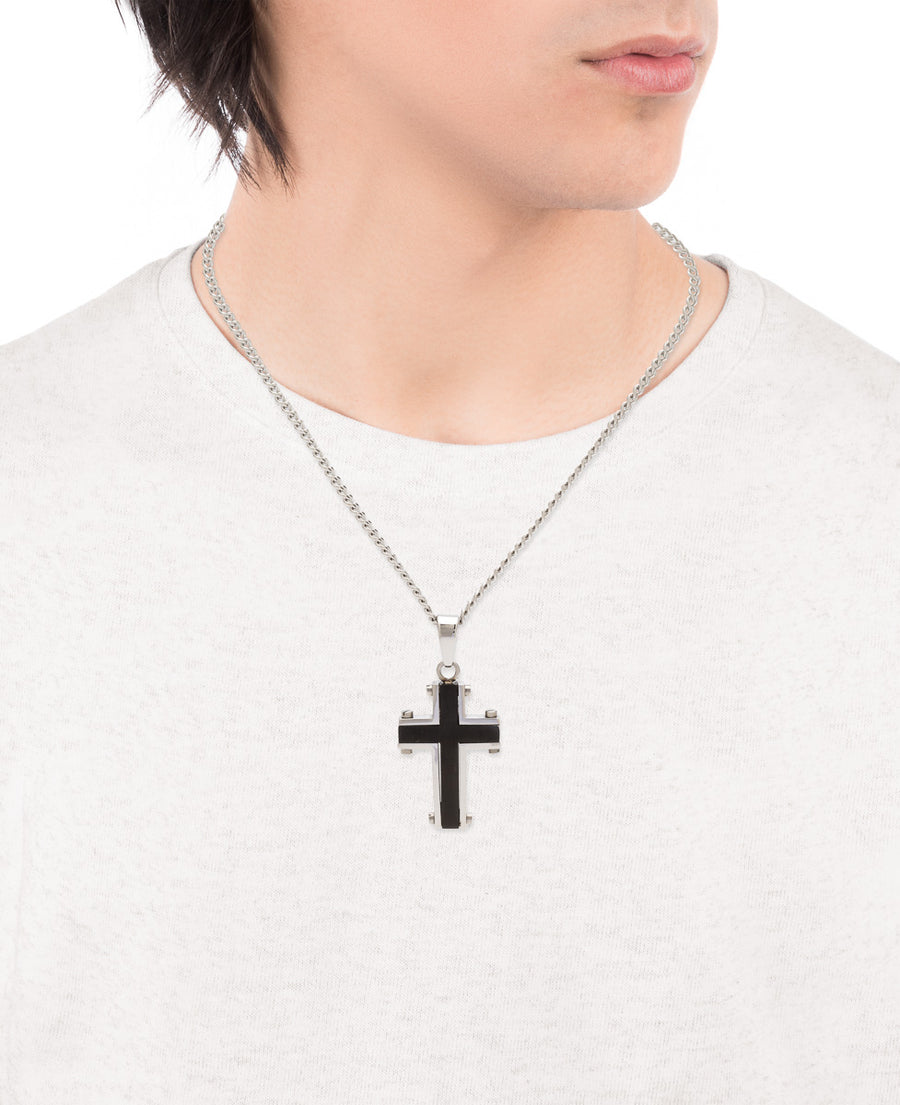 Steel And Ipblack Cross Pendant With Chain Gent Fn