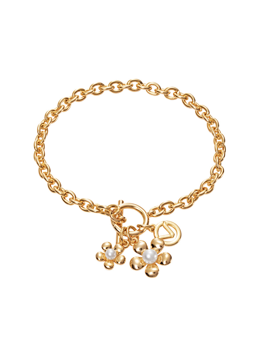 Gold Ip Metal And Flower Bracelet With Synthetic Pearl