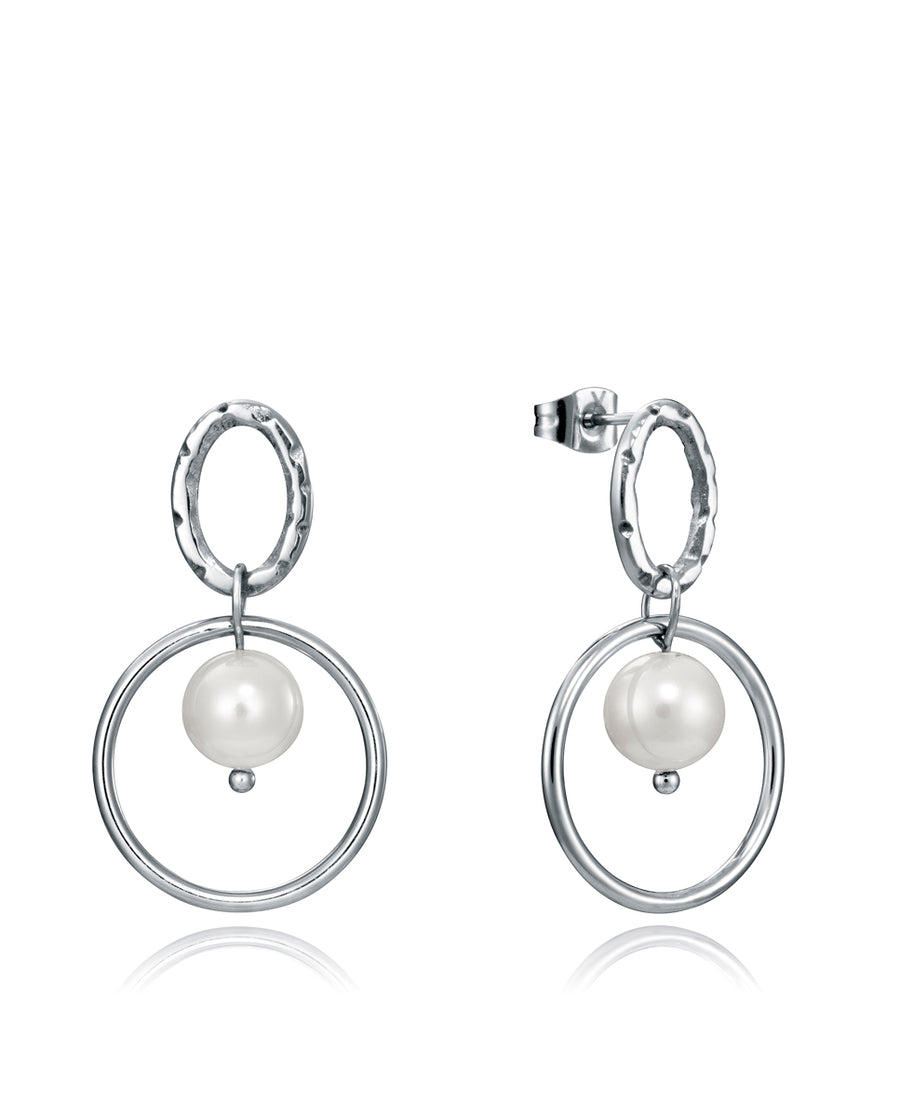 Stainless Steel Earrings Double Hoop Pearl Lady F