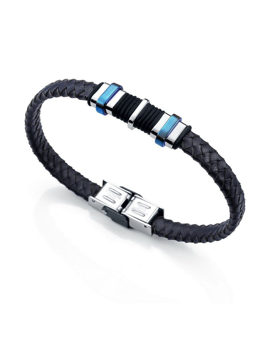Pulsera  Acero, Ip Negro Y Piel Azul Sr Fashion