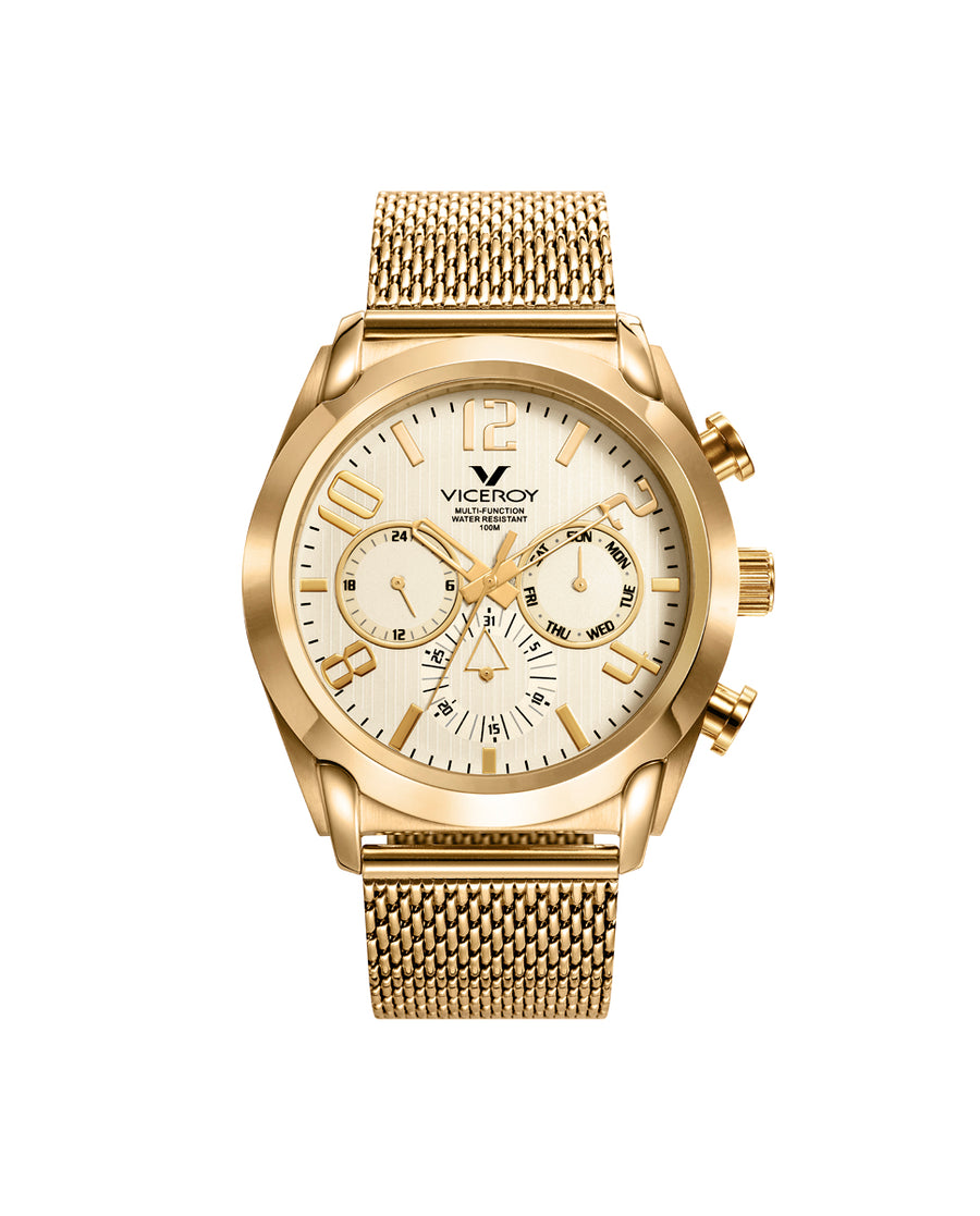 Reloj de hombre Magnum multifunción de acero IP dorado y malla