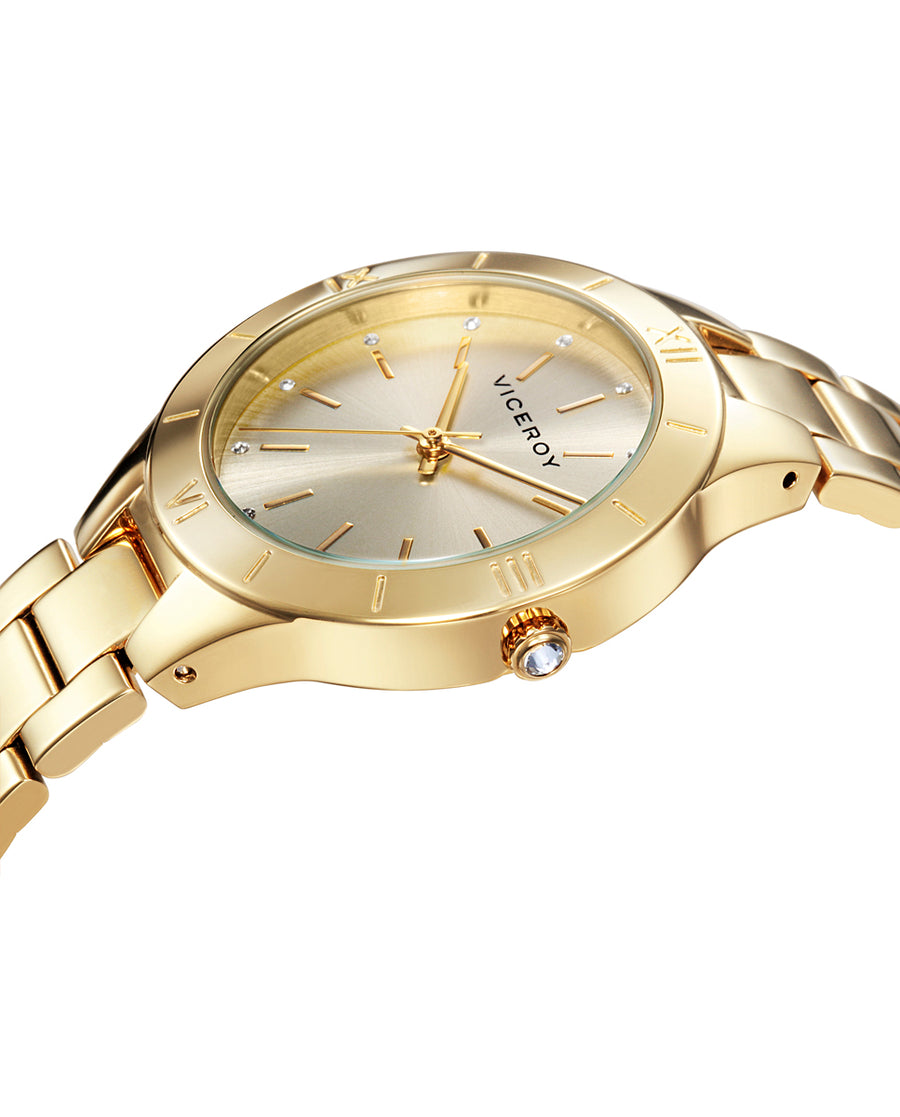 Reloj Acero Ip Dorado Brazalete Sra Va