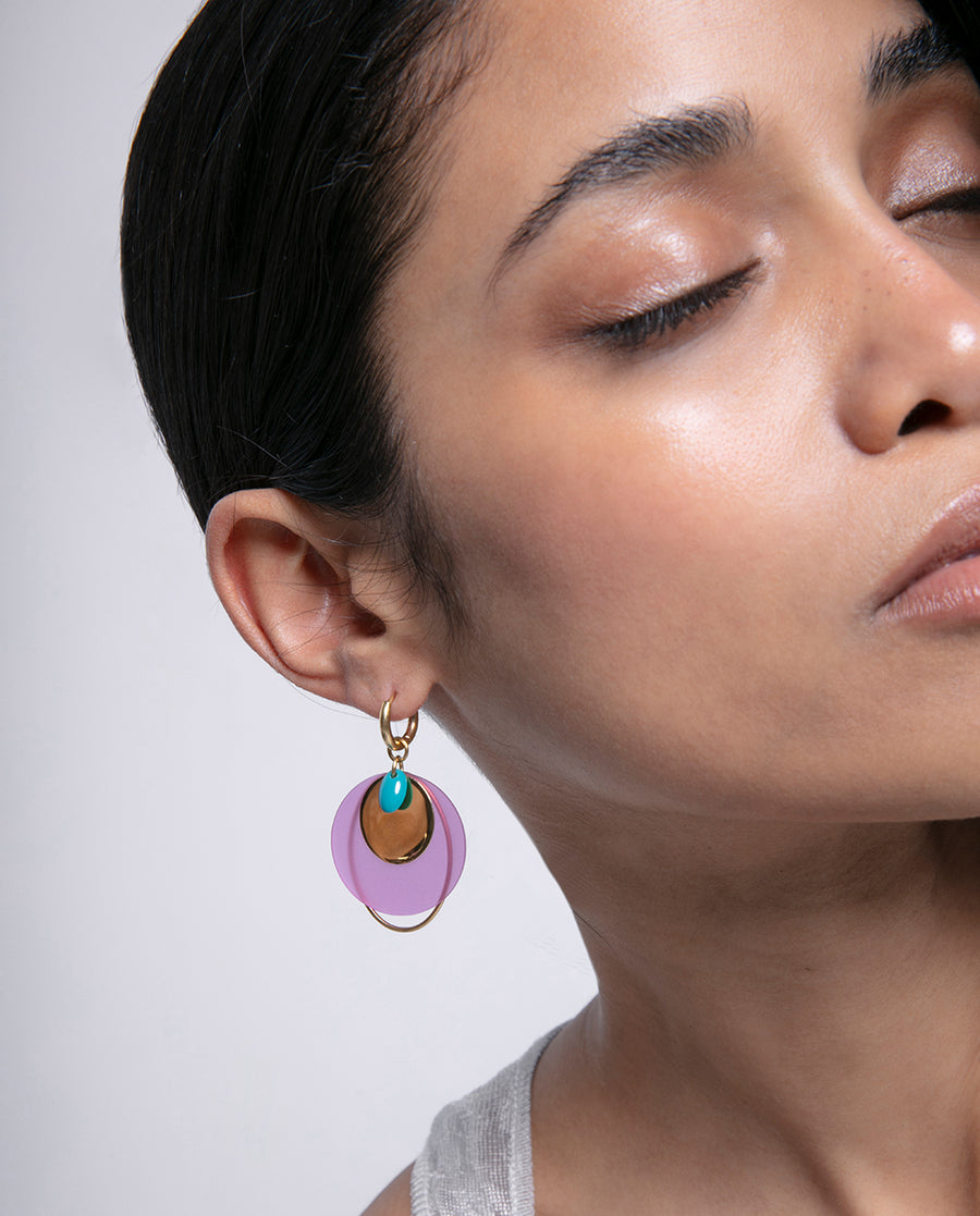 Steel Earrings Hoop And Purple Acrylic Circle And