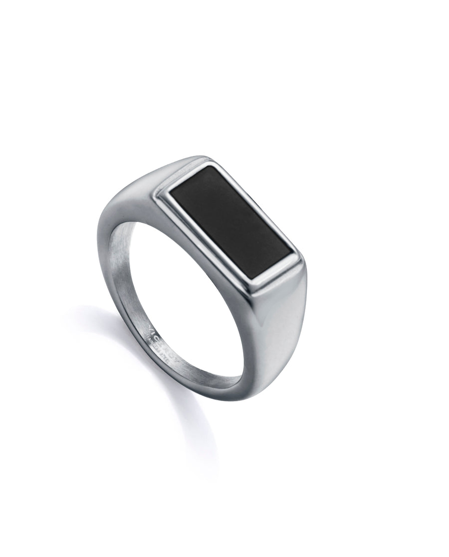 Steel Signet Ring With Black Agate: Size 20 Man F
