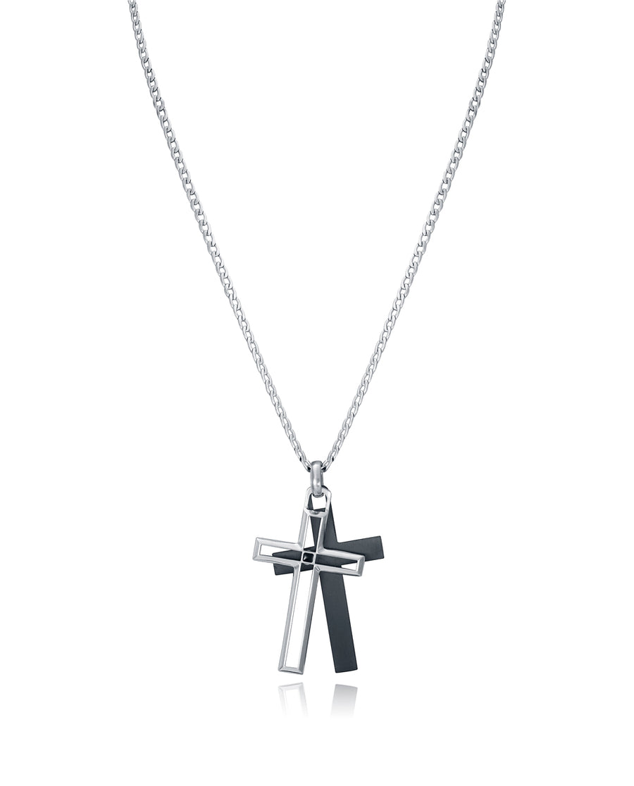 Collier Acier IP Noir Croix Sr Fn