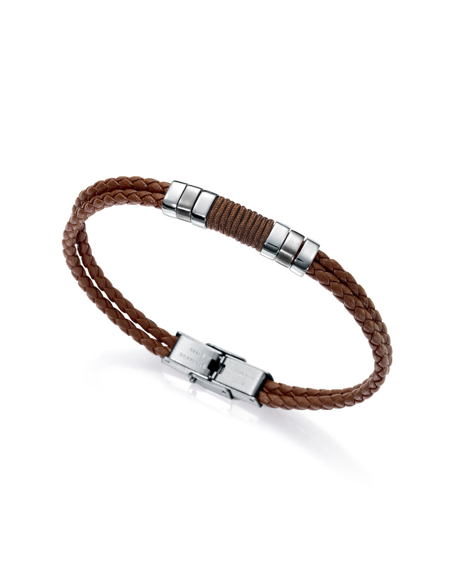 Pulsera Piel Doble Trenzada Fina Y Acero S F