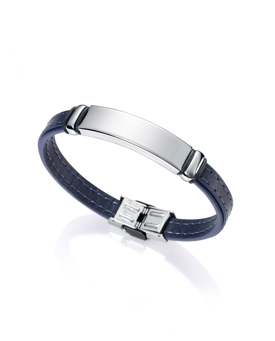 Pulsera Acero De Piel Y Pespunte Azul Sr Fashio