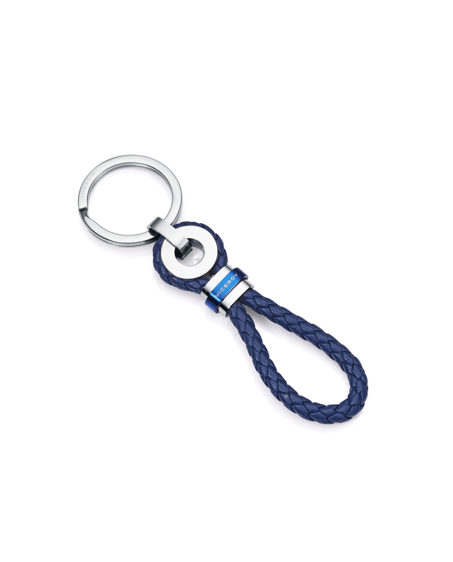 Porte Clés Acier Ip Bleu Et Cuir Bleu Sr Fashion