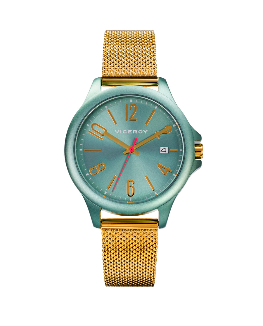 Reloj Aluminio Verde Y Acero Ip Dorado Brazalete Sra Va
