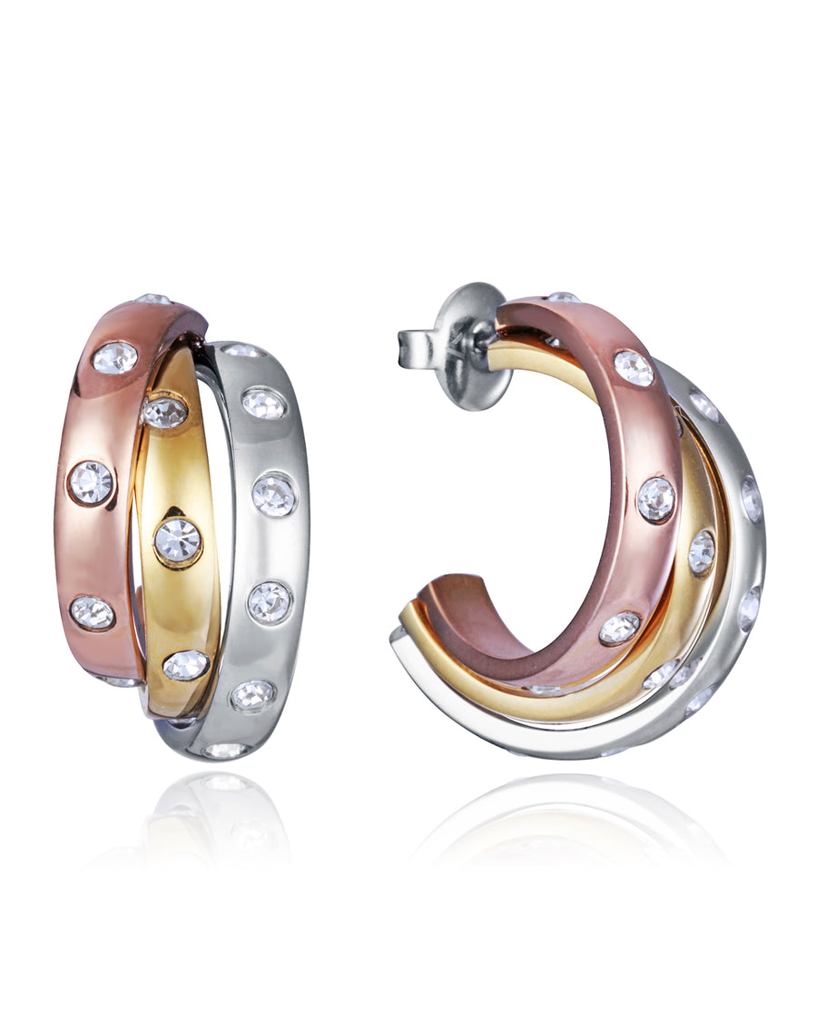 Steel Earrings 3 Tones With White Crystal: Diam 2