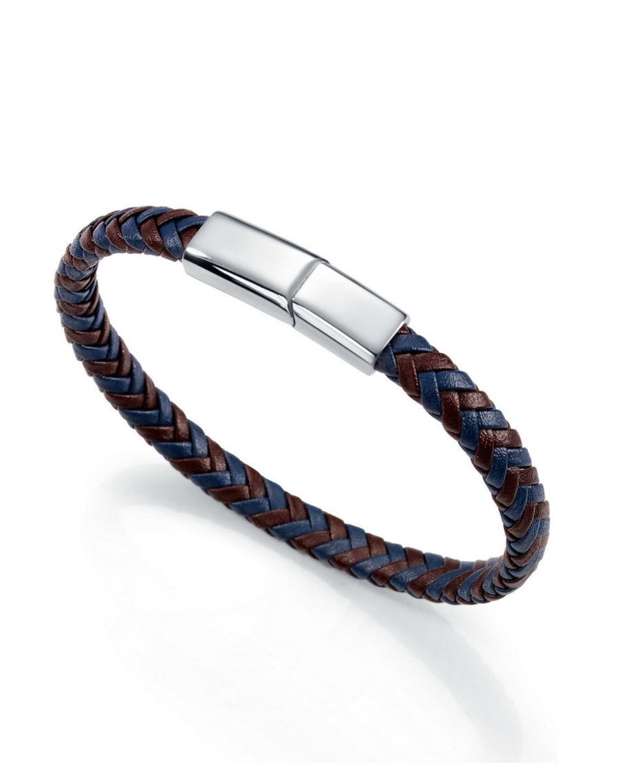 Pulsera Acero, Piel Azul Y Marrón Sr Fashion