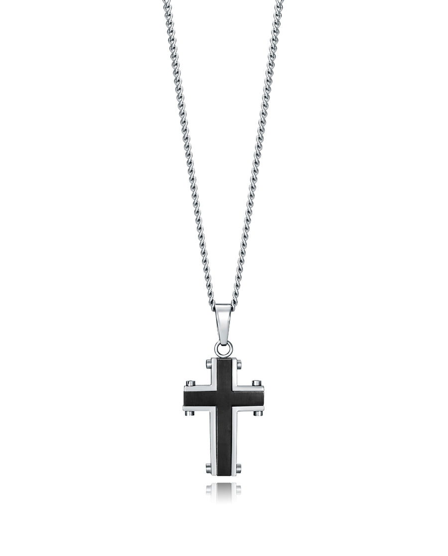 Steel And Ipblack Cross Pendant With Chain Gent Fn