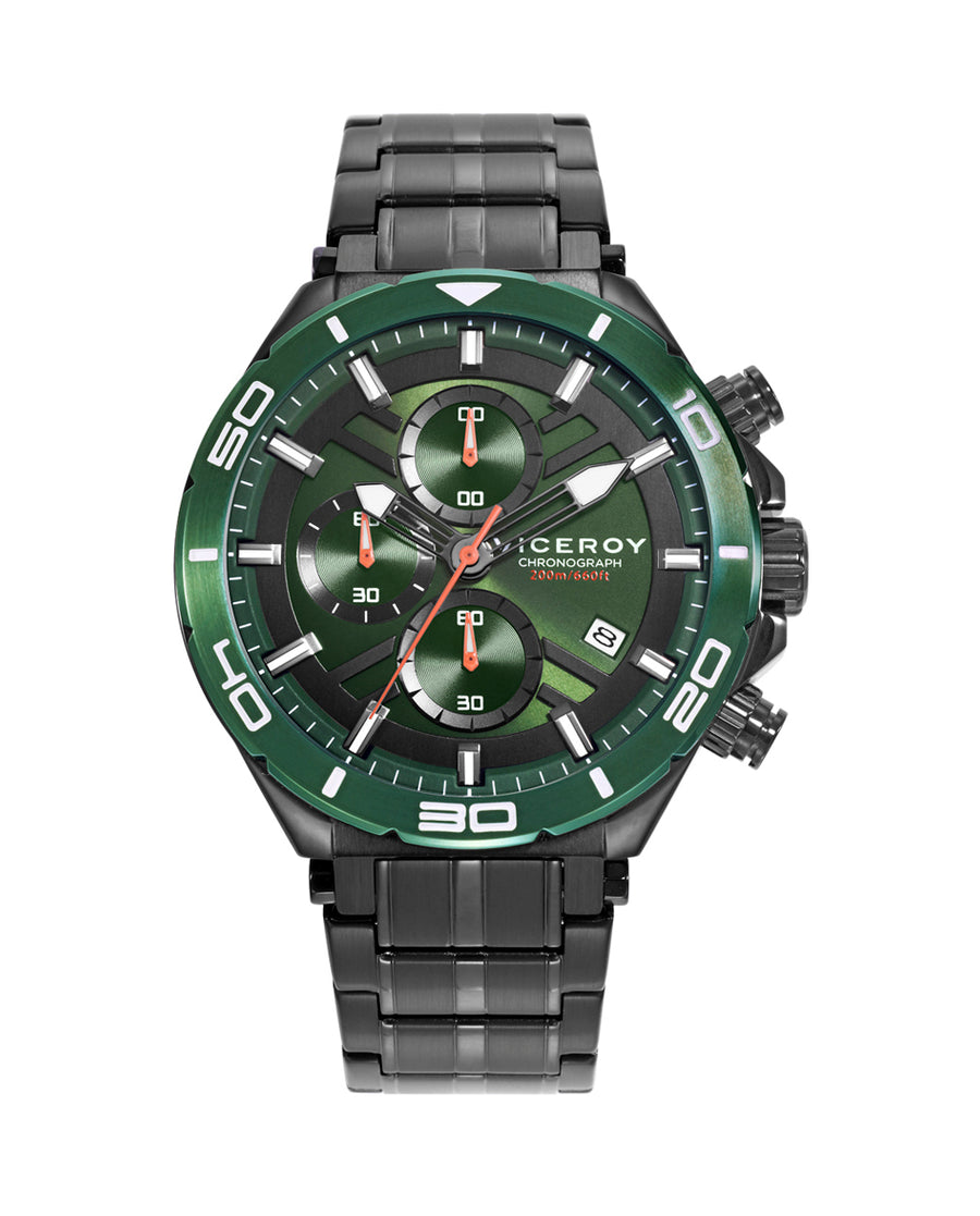 Crono Acero Ip Negro Y Verde Brazalete Sr Va