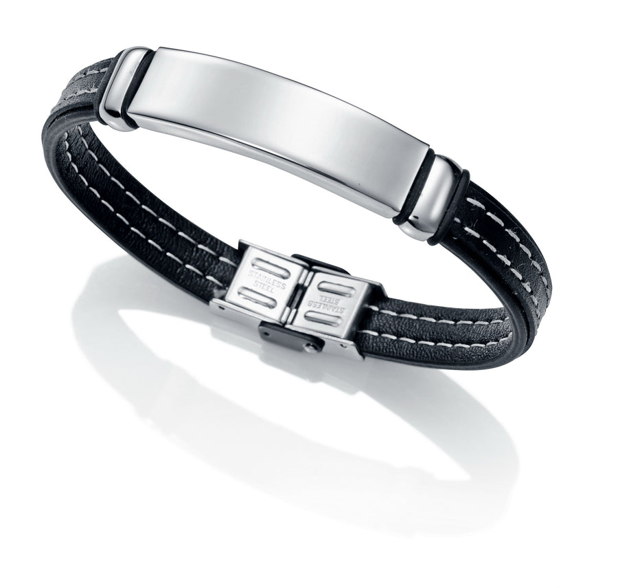 Pulsera  Acero Piel Negra Pesp Beige Sr Fashion
