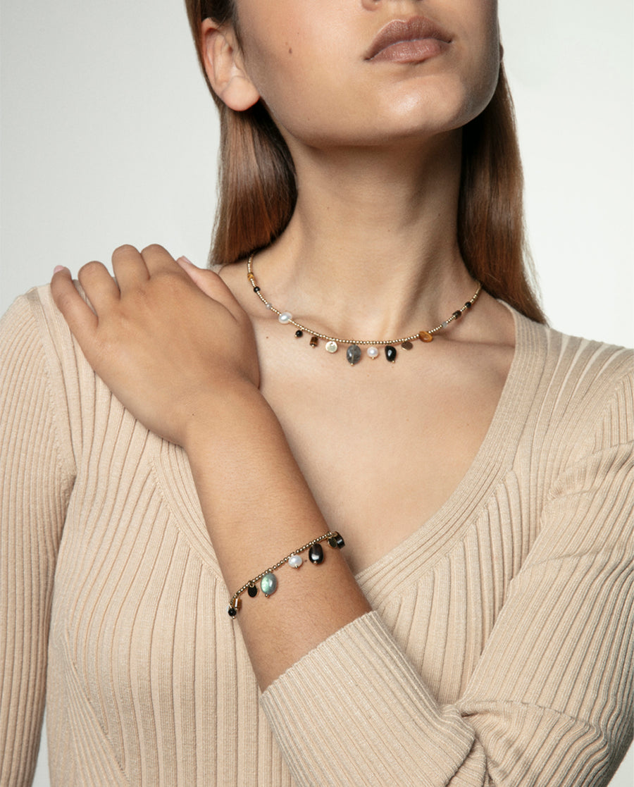 Steel Ip Gold Bracelet With Natural Stones: Lengt