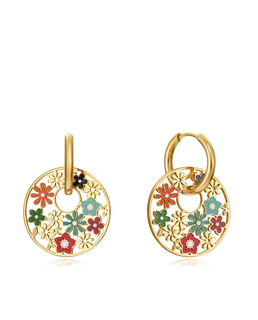 Pendientes Kiss de acero dorado con motivo de flores de colores