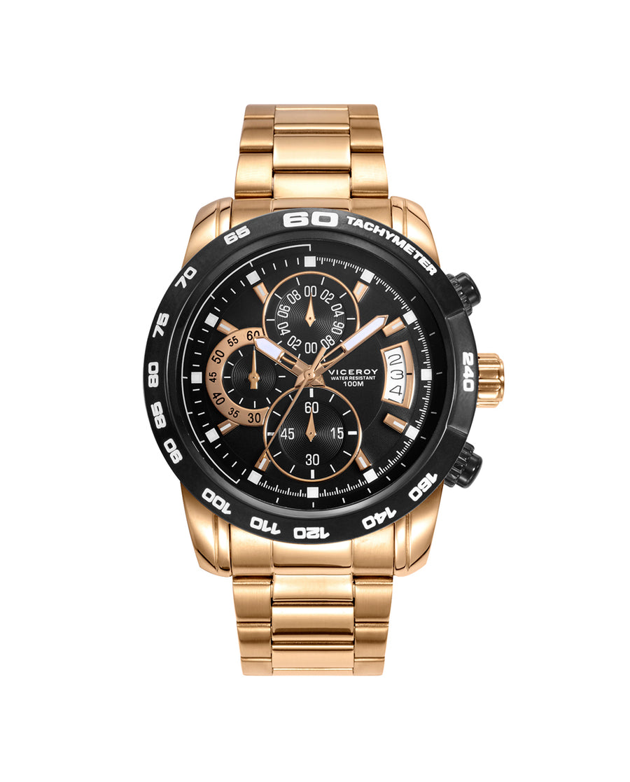 Crono Acero Ip Dorado Y Negro Brazalete Sr Va