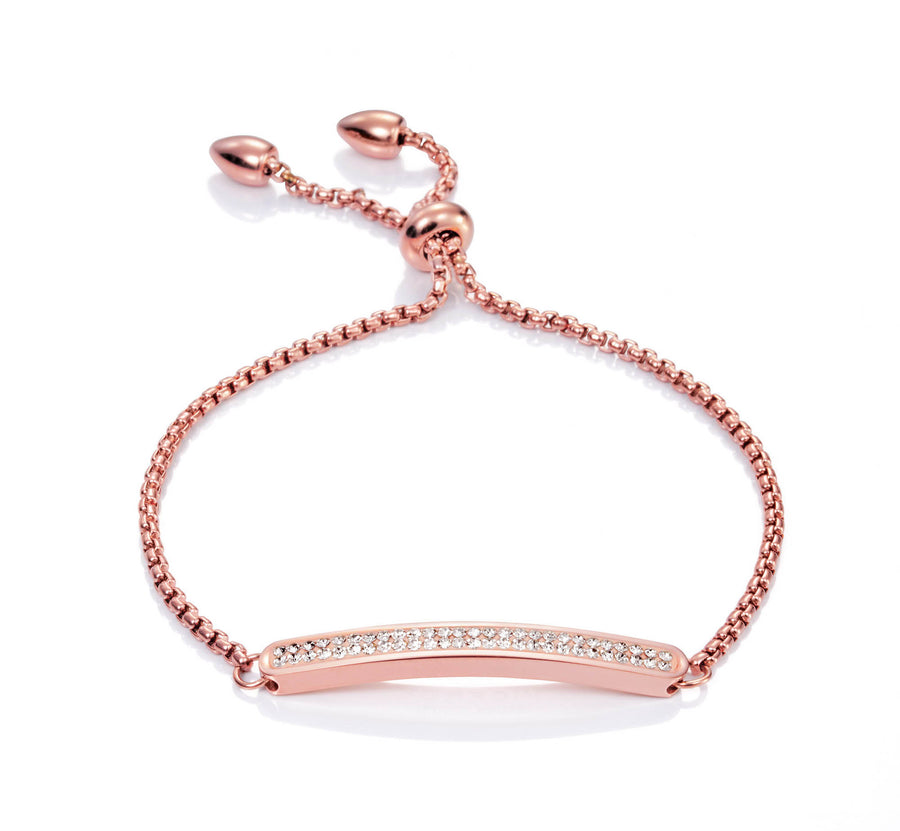 Pulsera Lazo Cadena Acero Ip Rosado Y Placa Circonitas Sra Fashion