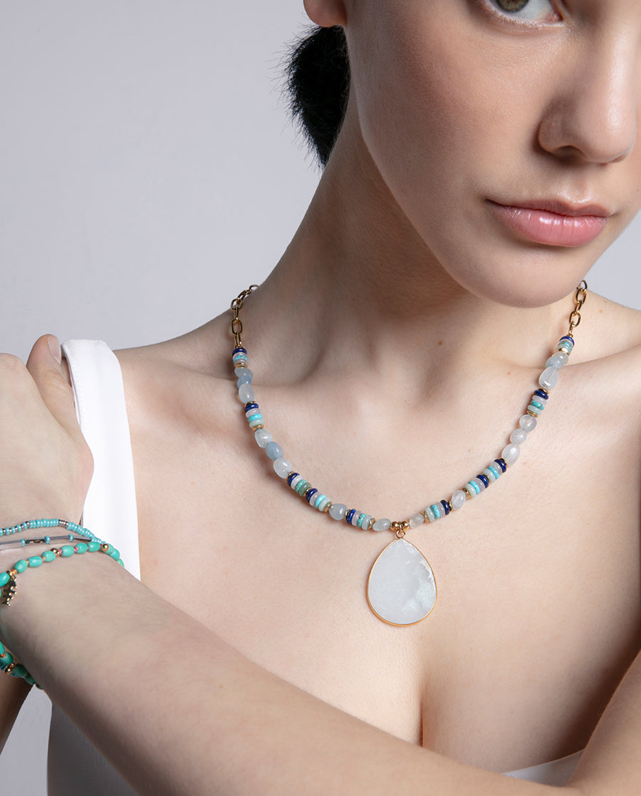 Steel Necklace Ip Gold Chain And Natural Stones W