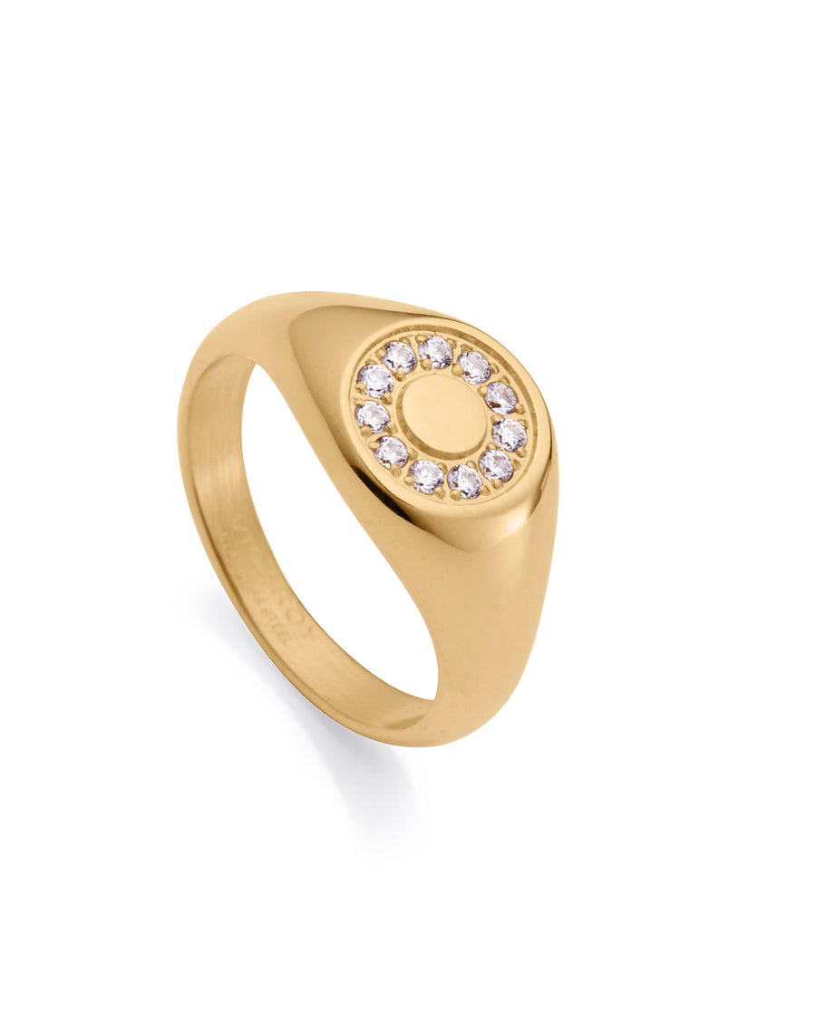 Anillo Acero Ip Dorado Sello Redon Cz Sra Fn