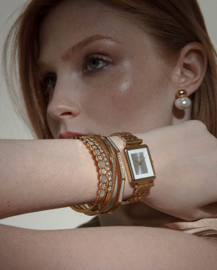 Rigid Steel Ip Gold Bracelet With White Crystal: