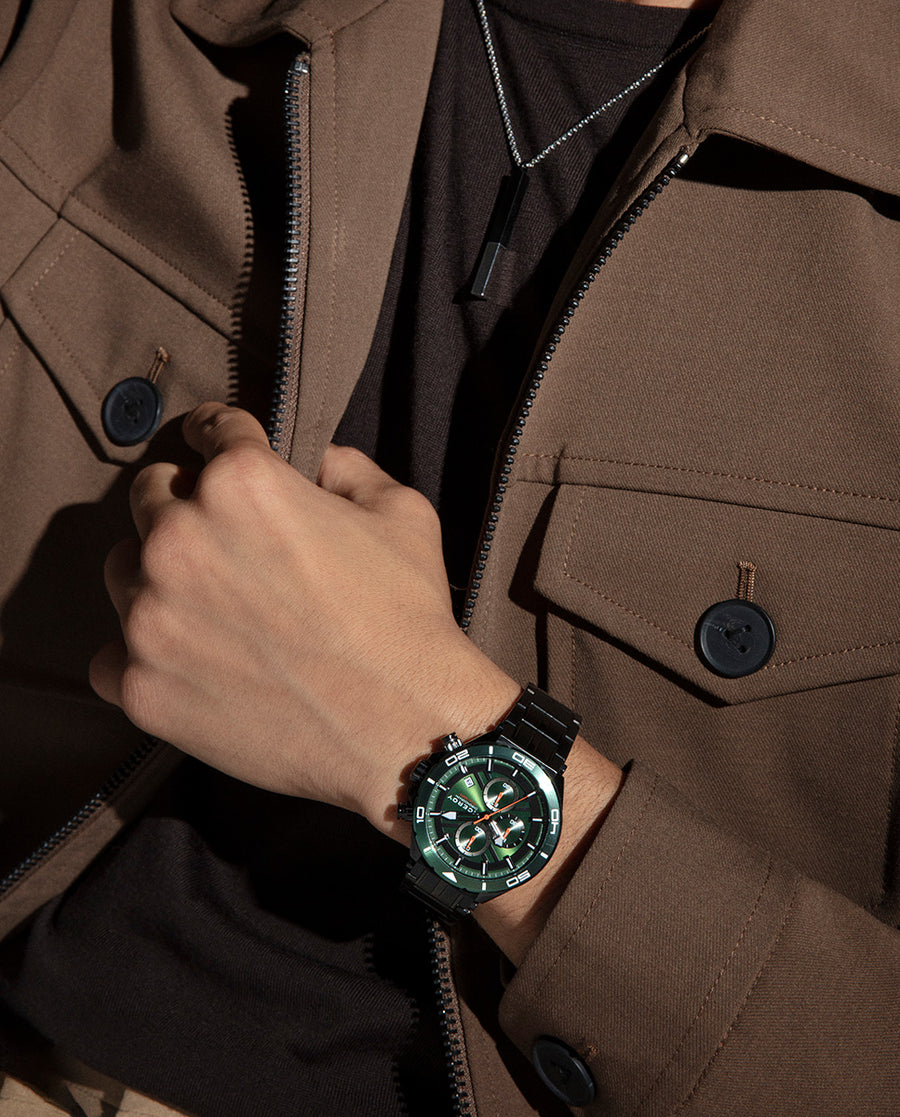 Crono Acero Ip Negro Y Verde Brazalete Sr Va