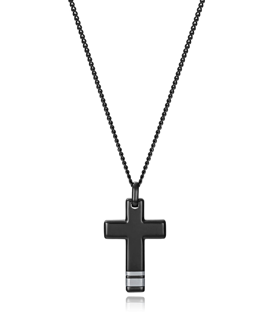 Collar Acero Ip Negro Cruz Sr Fashion