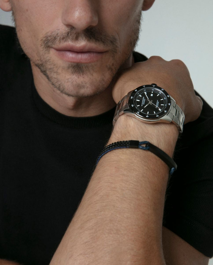 Puls Acero Ip Negro Y Piel Azul Sr Fashion