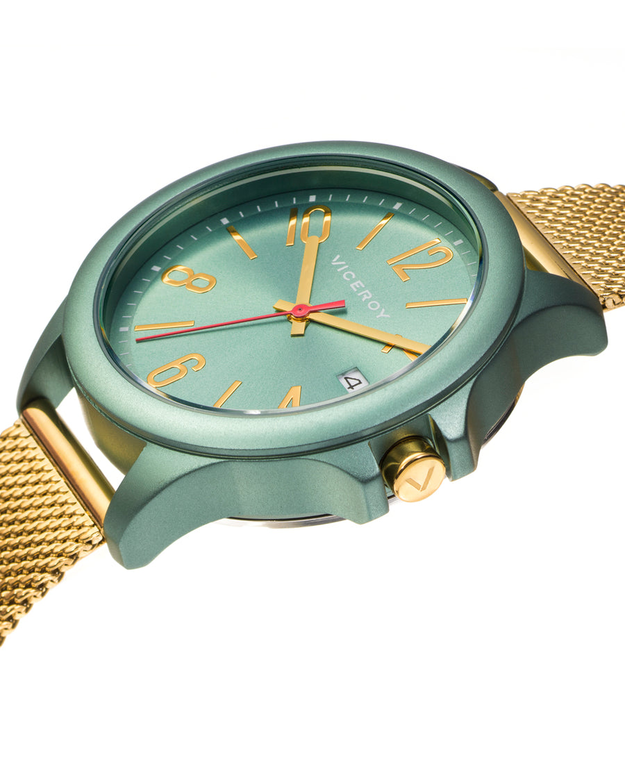Reloj Aluminio Verde Y Acero Ip Dorado Brazalete Sra Va