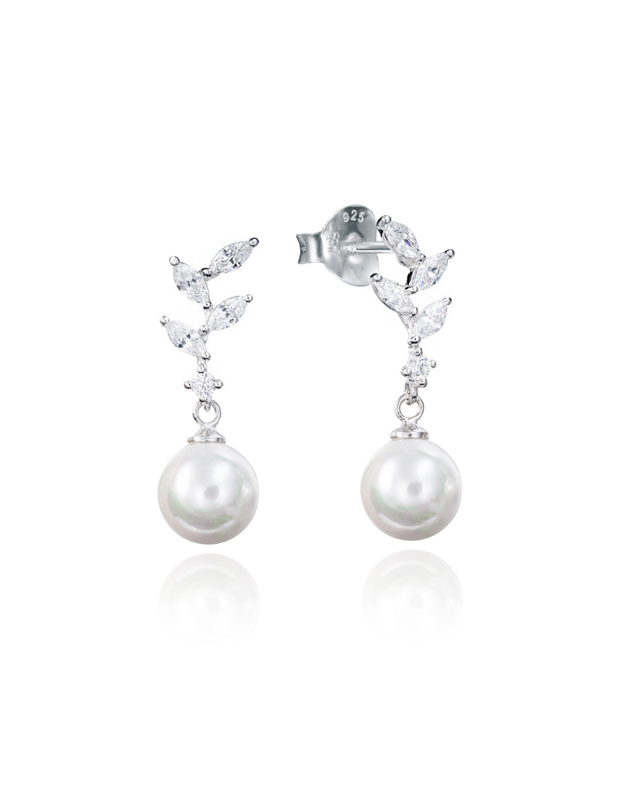 Pendientes Plata Hojas Circonitas Perla Jewl