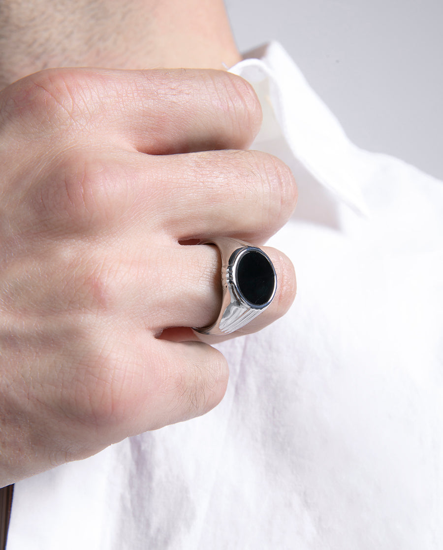 Steel Ring With Black Agate: Size 20 Gent Fn