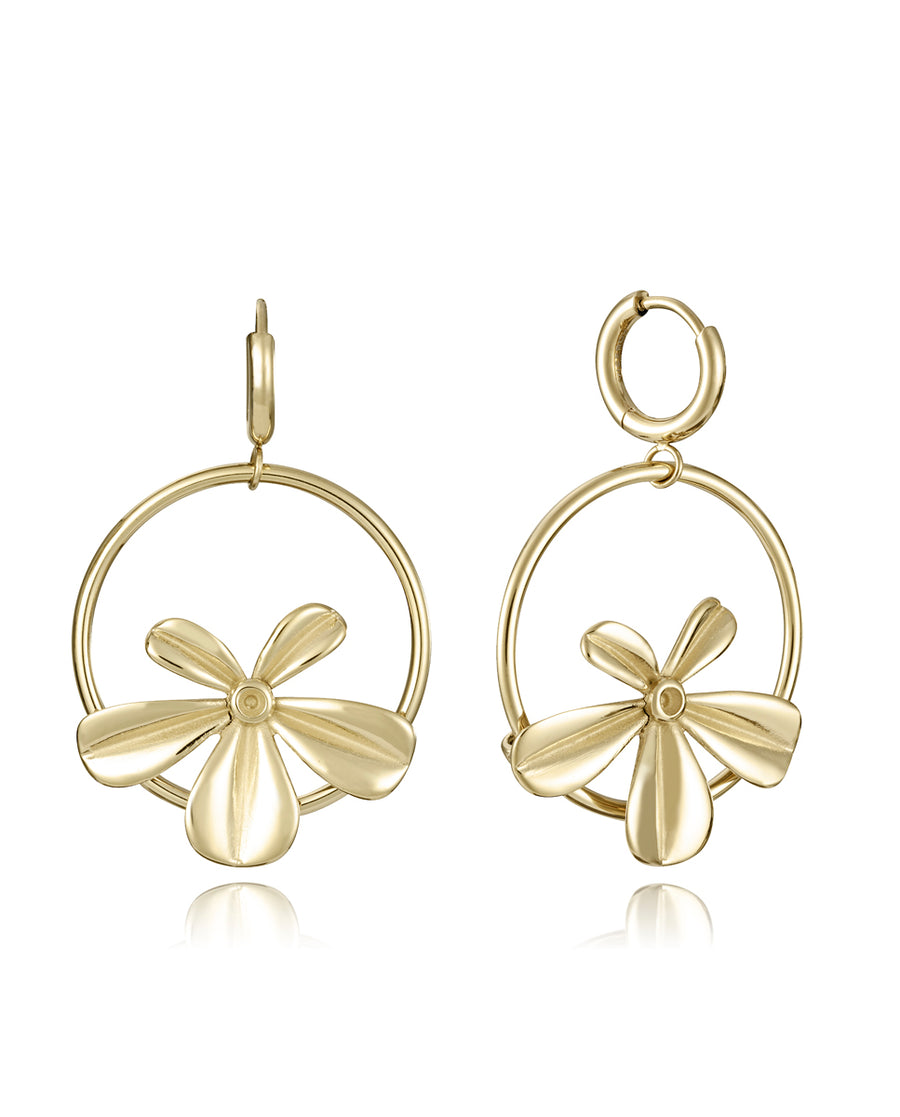 Steel Earrings Ip Gold Hoop With Flower: Length 4