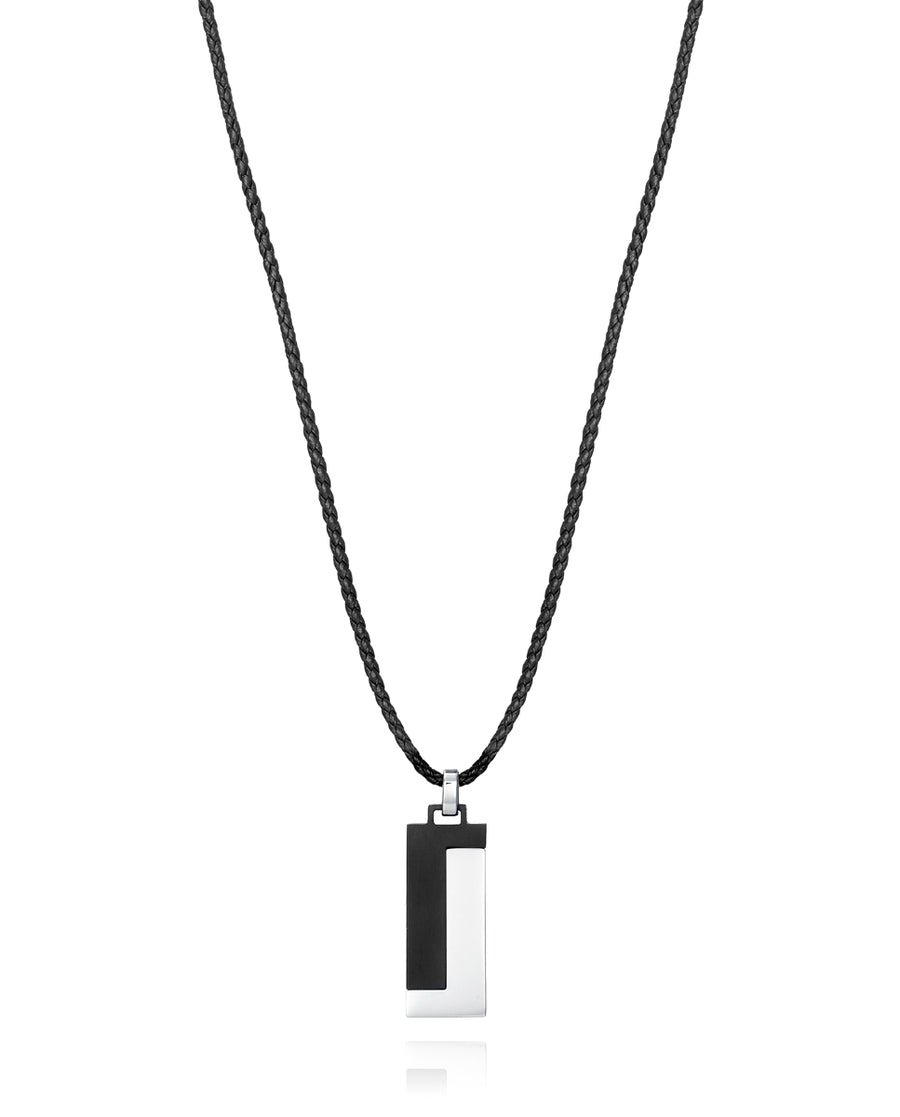Necklace In Black Leather With Steel Plate And Ip